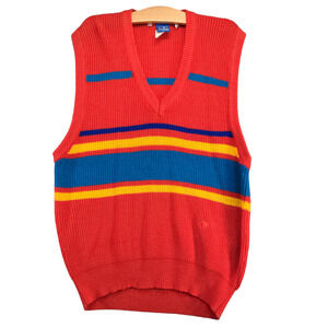 Op Ocean Pacific Mens Knit Sweater Vest Red Large Striped V-Neck Acrylic Vintage